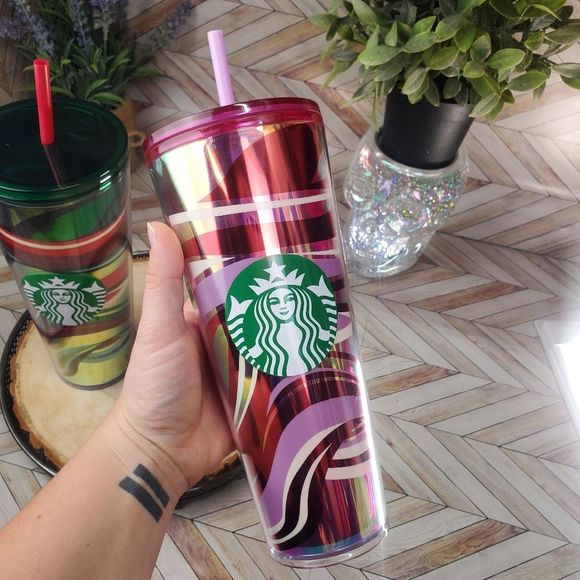 Starbucks Christmas Pink Red Ribbons Stripe & Red Green Ribbon Venti Tumbler - Picture 3 of 7